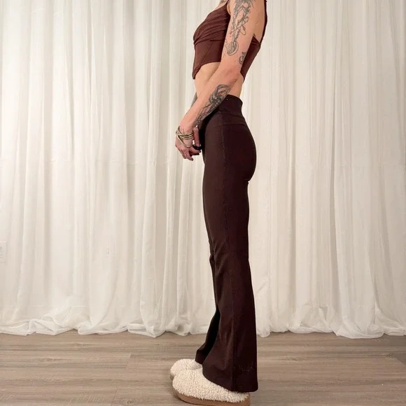 Brown Flare Leggings High Rise Ribbed Yoga Pants Bootcut Activewear M/L - Picture 2 of 6